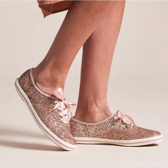 Keds X Kate Spade Rose Gold Glitter Lace Up Sneakers 11 - Picture 2 of 3